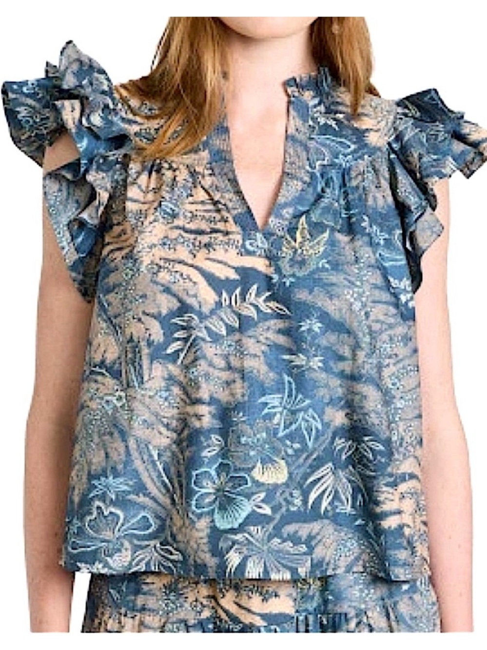 Ulla Johnson Blue and Cream Flutter Sleeve Floral Top